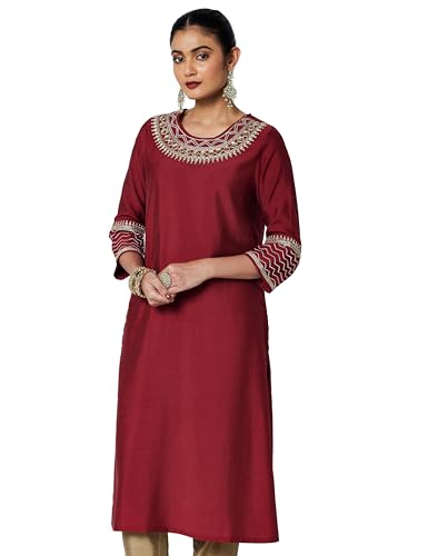 Image of BIBA Women Rayon Blend Straight Fit Solid Festive Kurta