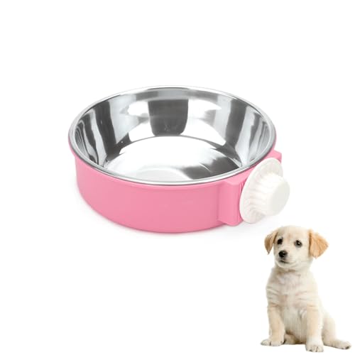 Dog Bowls Crate Water Bowl 2-in-1 Dog Cage Hanging Bowls Removable Cage Water Bowls for Puppies Cats and Other Small Animals (Pink)