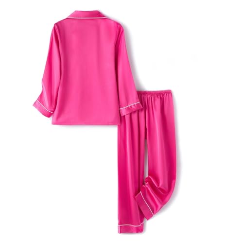 Girls Boys Silk 𝐏𝐣𝐬 Kids Button Down 𝐏ajamas Long Sleeve Lapel 2 Piece Plain Satin Outfits Matching 𝐒leepwear4