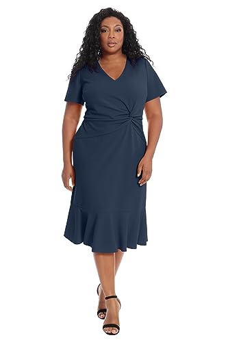 Image of London Times Women's V-Neck Dress - Flounce Hem, Twist Waist, Elegant Office & Event Wear
