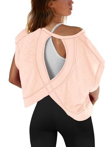 Image of SENSERISE Womens Open Back Workout Tops Backless Short Sleeve Athletic Shirt Running Crop Top Gym Yoga Tee