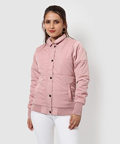 Image of PINACOLADA Women's Pink Puffer Regular Fit Bomber Jacket For Winter Wear | Standing Collar | Full Sleeve | Buttoned | Casual Jacket For Woman & Girl | Western Stylish Jacket For Women