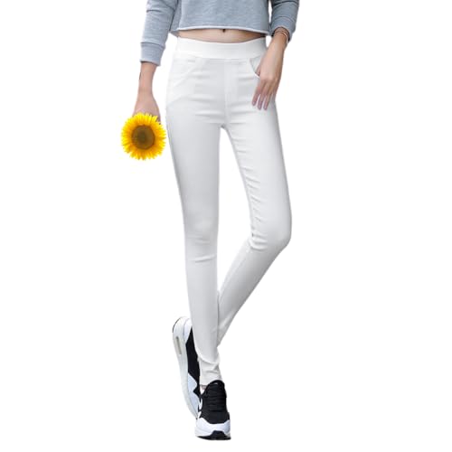 AIDAYOU Women White Stretchy Casual Pants Stretchy Ankle Leggings with Pockets