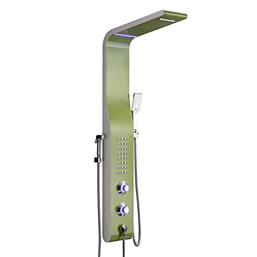 Sistema de Panel de Ducha con Torre, Cabezal de Ducha LED con Lluvia y Cascada, Sistema de Masaje con 24 Jets Corporales Multicolor, Panel de Acero Inoxidable 304, verde