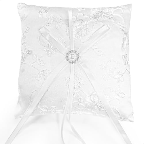 mimzemamz Coussin Alliance Mariage, Porte Alliance Mariage Blanc Oreiller Anneau de Mariage avec Dentelle pour Bague de Fiançailles ou Alliances, 15x15 cm