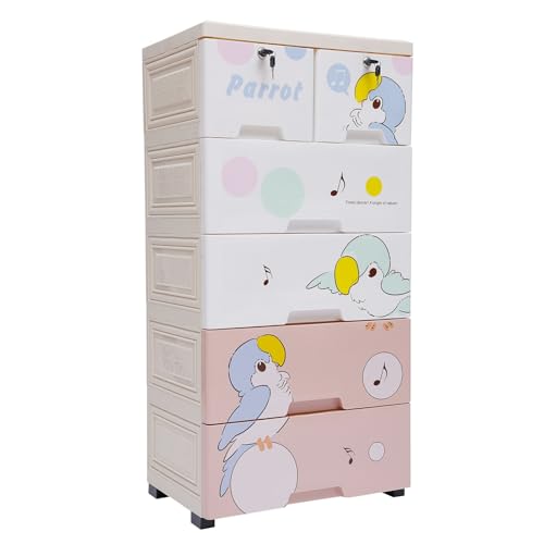 RocoReny 5 Tiers Plastic 6 Drawer Dresser,Closet Drawers Storage Cabinet with Wheels & Lock for Bedroom Living Room Playroom Toys (Parrot-Pink Color 19.7 * 13.8 * 40in)