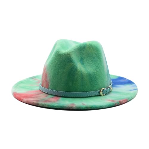 Autumn and Winter Woolen Jazz Hat Tie-Dyed Rainbow Top Hat Flat Brim Felt Hat(Green)