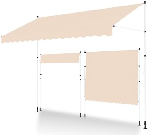 U-MAX Manual Retractable Awning, 118" x118” Non-Screw Outdoor Patio Awning, Adjustable Pergola Sun Shade Cover with UV Protection, Ideal Outdoor Canopy for Window or Door, Beige