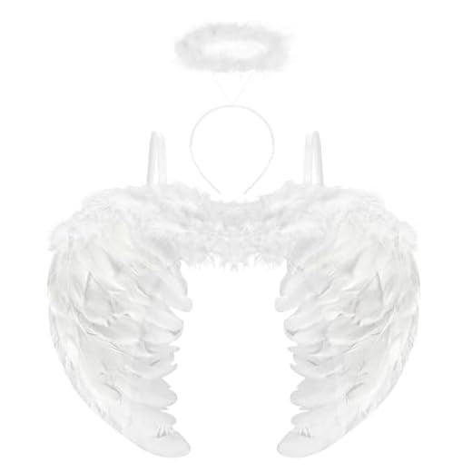 Aurasky Alas de Angel Blanco, Diadema Angel, Alas y Halo de Ángel, Disfraz Angel Niña, Alas Blancas para Niños Adultos Mascarada Halloween Carnaval Cosplay Fiesta