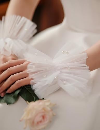 Short Lace Fingerless Gloves White Pearl Tulle Wedding Gloves for Women Hallowmas Party Costume Accessory3