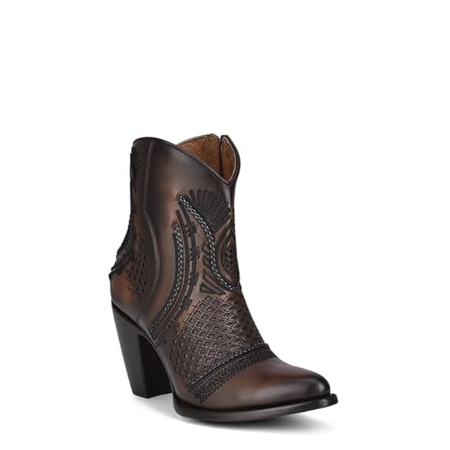 Cuadra Women's Western Ankle Booties, Brown Leather, Embroidered Design, 3.2-inch Heel