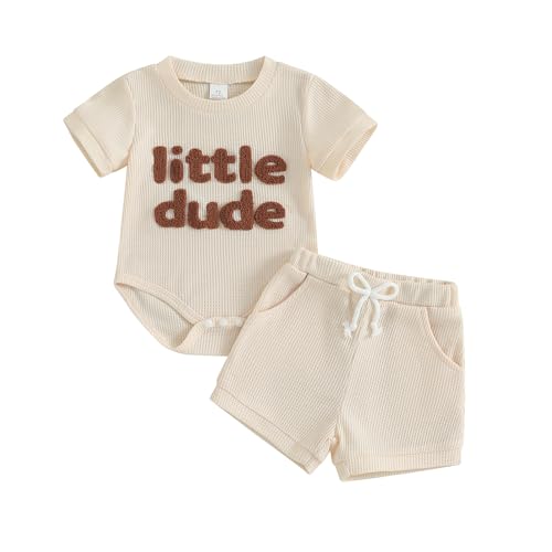MERSARIPHY Newborn Baby Boy Summer Clothes Mama's Boy Little Dude Short Sleeve Romper Shorts Set Infant Waffle Knit Outfit (Beige-little dude, 0-3...
