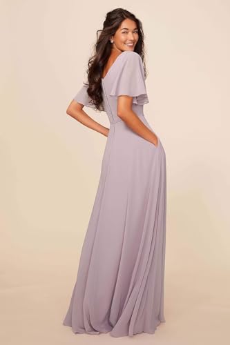 Image of petyoo Chiffon Flutter Sleeve Bridesmaid Dresses with Pockets Sash Long A Line Formal Dress