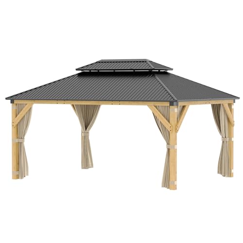 HarmonyHealth 12 x 16 Ft Wood Gazebo, Upgrade Wooden Frame, Double Galvanized Steel Roof, Hardtop Gazebo with Nettings and Curtains for Backyard, Patio, Garden and Lawn, Khaki - Image 7