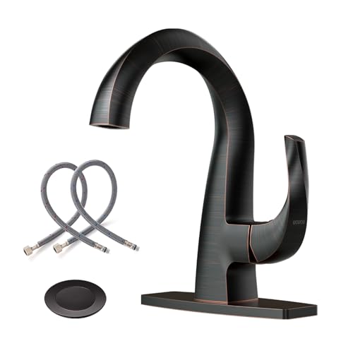 WOWOW Single Handle Bathroom Faucet 1 Hole High Arc Bathroom Basin Oiled Rubbed Bronze with Pop Up Drain, Solid Brass Commercial Bathroom Sink Faucet Basin Vanity Bar Faucet (Patented Product) - image 1