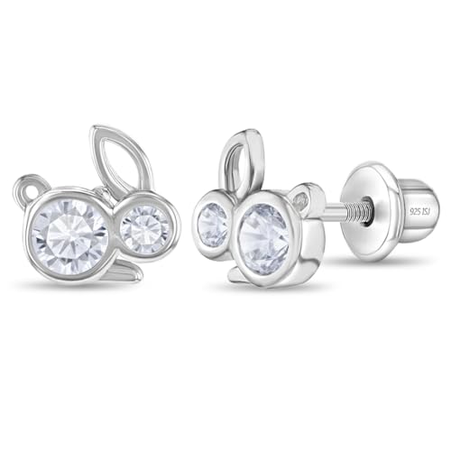 925 Sterling Silver Clear Cubic Zirconia Bunny Rabbit Safety Screw Back Earrings for Toddlers and Little Girls - Petite Studded Fun Animal Inspired Everyday Accessory