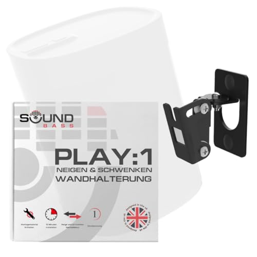 Sound bass Play 1 Wandhalterung, Schwarz, Kompatibel nur mit Sonos Play:1, Verstellbarer Dreh- und Neigungsmechanismus, Halterung inklusive sämtlichem Befestigungsmaterial