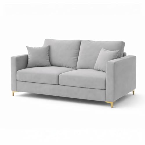 Image of Hayes Rich Velvet Suede 3 Seater + 2 Seater Sofa Set with Ottoman | Golden Aesthetic Legs | 6 Person Seating Capacity | Spacious Soft Touch Comfort | Modern Living Room Sofa (Light Gray)