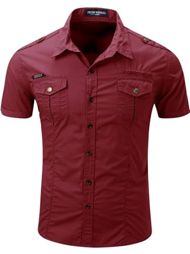 FREDD MARSHALL Men's Short Sleeve Work Shirt, Military Tactical Shirts, Outdoor 100% Cotton Breathable Button Down Hiking Shirt, 55888, Burgundy, Large