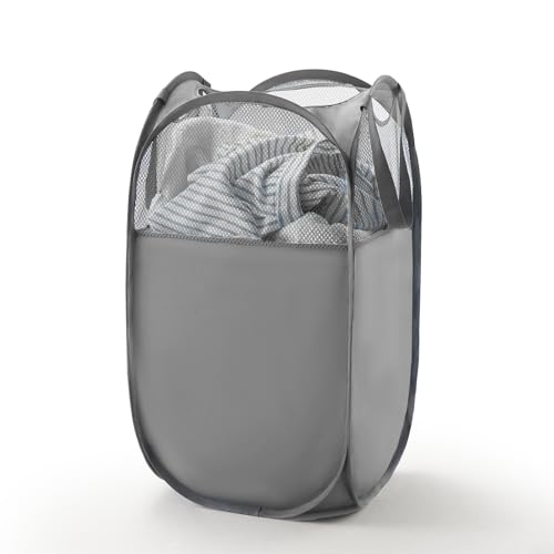 TECHMILLY ランドリーバスケット 折りたたみ 洗濯かご 洗濯カゴ 大容量 71L メッシュ ポリエステル 省スペース 取っ手付き 洗濯籠 ランドリー収納 ランドリー バスケットランドリーバッグ 自立 縦型 脱衣カゴ 収納 洗濯物 袋 かご 持ち運び可能 おしゃれ 軽量 旅行 ゴミ箱 (グレー・ポリエステル、1PCS)