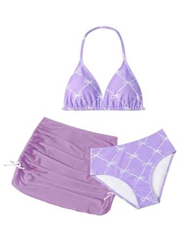 Image of RoseSeek Girl's 3 Piece Cute Bowknot Bathing Suit Halter Triangle High Waisted Swimsuit with Beach Cover Up Skirt