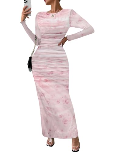Image of MARZXIN Women Long Sleeve Maxi Dress Bodycon Ruched Formal Slim Fit Tie Dye Dress Formal Mesh Dress