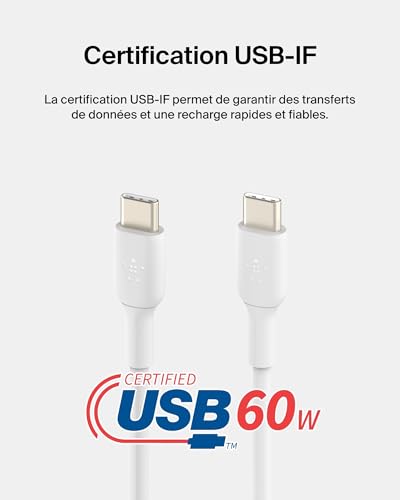 Câble USB-C vers USB-C Belkin Boost Charge blanc de 2 mètres