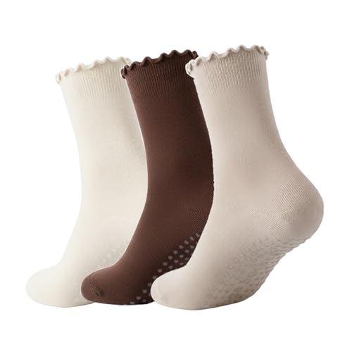 Image of 3 Pairs Pilates Socks with Grips Non-slip Ruffle Yoga Sock Grip Sock for Women
