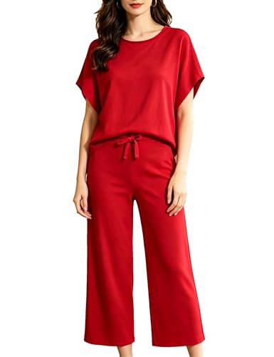 Image of Bozanly 2 Piece Sets for Women Short Sleeve Tops and Capris Loose Matching Pajama Sets Sweatsuits