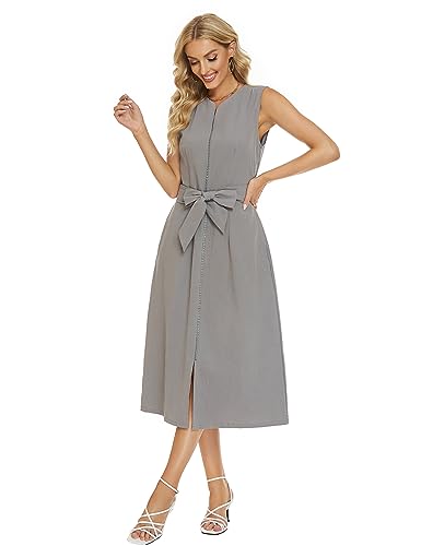 Image of Ladyful Women's Sleeveless Cotton Linen Midi Dress V Neck A Line Tank Dress