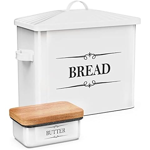Houseables Brotkasten & Butterdose Set, 38.7 x 31.8 x 17.8 cm, extra groß, Metall, emaillierte Vorratsdosen, Lebensmittelbehälter mit Deckel, rustikale Emaille Cover