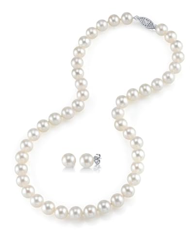 The Pearl Source Freshwater Pearl Necklace and Earrings for Women, 8.5-9.5mm - Genuine Cultured White Pearls in 14K White Gold, Hypoallergenic Jewelry - Pearl Strand Necklace & Matching Earrings