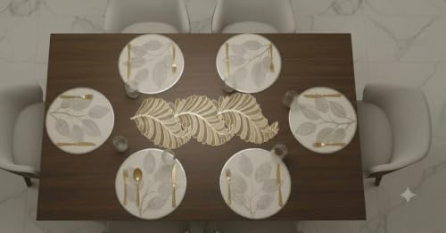 Image of Dakshya Industries Heat Resistant PVC Table Mats Set | Leaf Shape Dining Placemats with Decorative Runner
