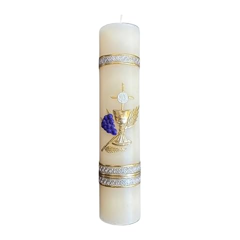 San Rafael Arcangel First Communion Candle with The Symbols of Wheat and Wine Vela de Primera Comunion con Los Simbolos Catolicos de Jesus y su Cuerpo y Sangre 8 inch Cover