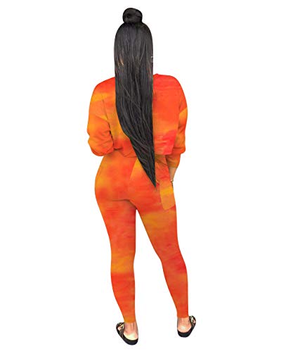 Womens Tie Dye Letter Print Long Sleeve 2 Piece Outfits Crop Top and Pants Set Sweatsuits Orange S