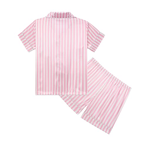 Girls Boys Silk 𝗣ajamas Set Summer Short Sleeve Satin 𝗣js 2PC Kids Toddler Baby Stripe Button Down Sl𝐞epwear 𝗟oungewear3