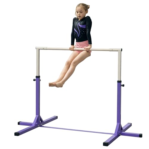 HOMCOM Barre Fixe de Gymnastique pour Enfant, Hauteur Réglable sur 13 Niveaux de 92-150 cm, en Acier et Bois de Hêtre, Barre de Gym d'Entraînement à...