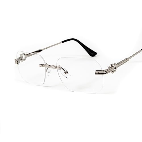 Image of Street Knitted Men's Women's Silver Wire Metal Frame Rectangular Clear Tint Rimless Glasses Luxury Designer Unisex Hip Hop Fashion Retro Square Frameless Clear Lens Eye Glasses For Men