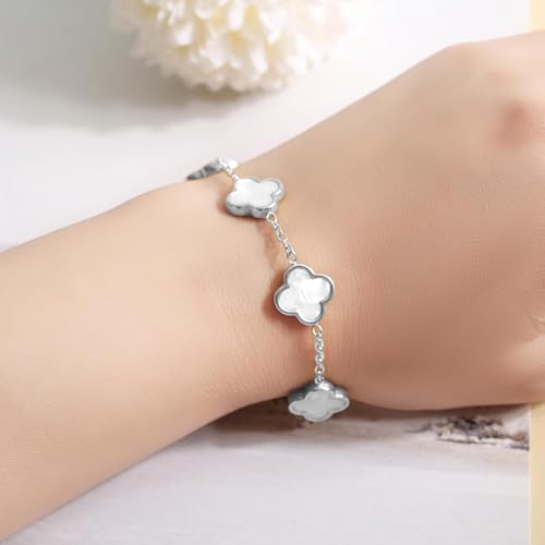 18K Gold bracelets for women Clover Bracelet Set 2Pcs White Flower Bangle Bracelet Lucky Four Leaf Stackable Bracelets Jewelry Gifts Trendy for Women non Tarnish4