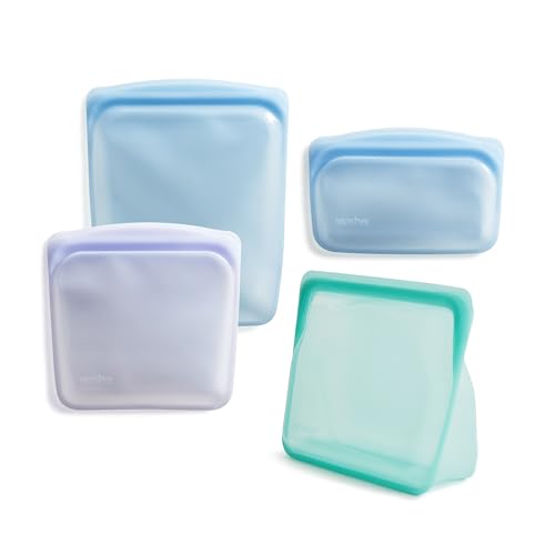 Stasher Silicone Reusable Storage Bags, 4-Pack, Reusable Freezer Bags, Microwave, Dishwasher, Oven Safe, Sous Vide, Premium Lunch Containers, Eco Friendly, Food Storage Bags, Snack Bags, Multicolor by Stasher - Used condition - US$44.55