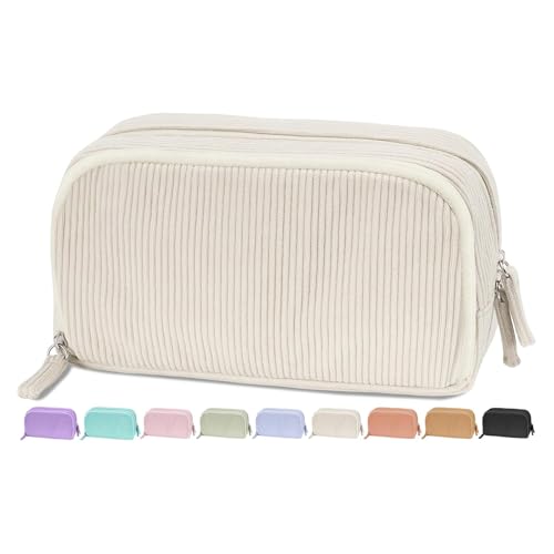 OFFOF Federmäppchen aus Cordstoff Schulmäppchen mit 3 Fächern große Kapazität robuste Federtasche für Stifte ideal für Schule Büro und Studium (Beige)