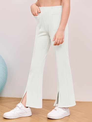 Image of Haloumoning Girls Kids Elastic Waist Ribbed Flare Split Bottom Pants Stretch Casual Long Pants(5-14Y) White