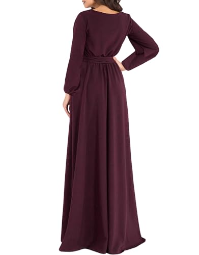 Image of Long Sleeve Maxi Wine Dress Elegant Audrey Hepburn 2 Pockets High Waist Belt Fall Wedding Guest Dresses for Women Wine M