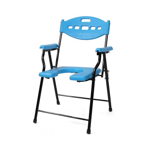 Image of Folding Elderly Disabled Man And Pregnant Woman Stainless Steel Shower And Bathing Room Mobile Commode Chair With Toilet Seat Comfortable Safe Toliet Stool Anti-Skid (Blue)