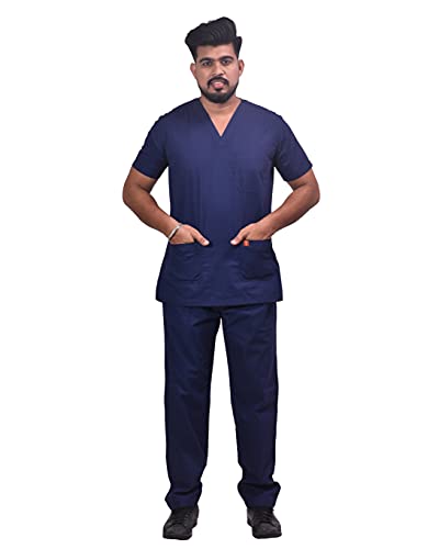Image of UNISEX V-NECK POLYESTER COTTON MEDICAL SCRUB SUIT FOR DOCTORS (TOP AND BOTTOM) TRIPLE NEEDLE STITCH TOP WITH CHEST POCKET, NAVY BLUE, 46-3XL.