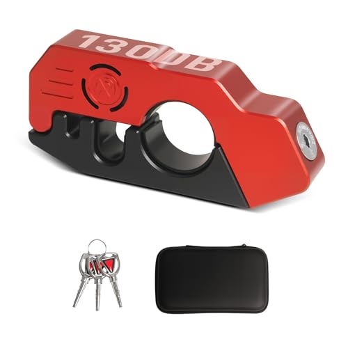 Motorrad Bremsschloss Alarm 130DB, Schwere Aluminium Motorrad Lenker Schloss Diebstahlsicherung, Hohe Sicherheit Bremshebelschloss für Moped, Fahrrad, E Scooter, Geländefahrzeuge (Schwarz Rot)