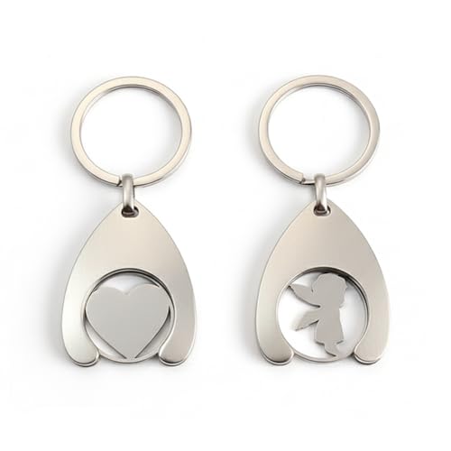 YAZWUR 2 Pièces Débloqueurs de Caddie, Jetons de Chariot Amovibles, Porte-clés en Acier Inoxydable, Accessoire de Caddie (Design Cœur et Ange)