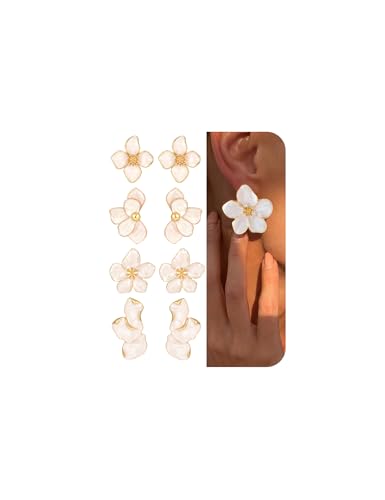 4 Pairs Gold Chunky Flower Earrings for Women, Large Big Floral Dangle Earring Set Trendy Ribbed Jewelry, Statement Earrings for Women Birthday Gift
