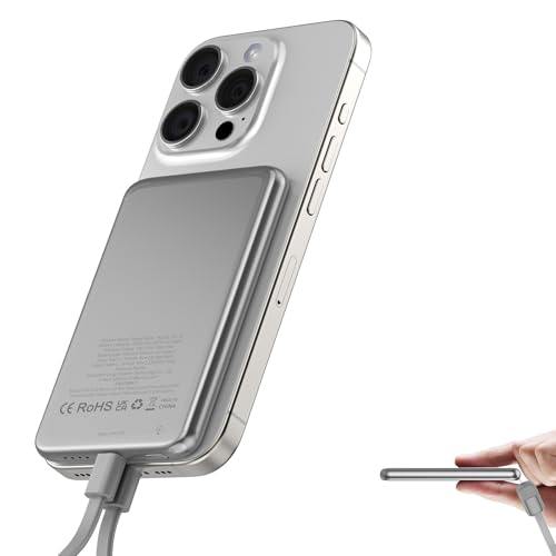 Ultra Slim Power Bank für Magsafe, Magnetische Power Bank, 5000mAh Powerbank 20W PD Wireless Schnellladung, Tragbares Ladegerät Ladekabel USB C, Externe Handyakku für iPhone 17/16/15/14/13/12 Series