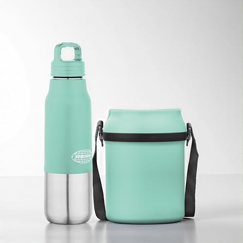 Image of Asian Stainless Steel Lunch Box (700ml) & Insulated Water Bottle (500ml) Combo Gift Set | Leakproof Steel Tiffin & Flask for Kids | BPA Free Back to School Essential Kit (Green)